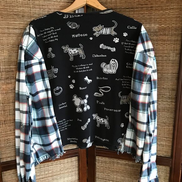 Upcycled Flannel Puppy Print Shirt, Size S-M: Oversized Sweater Top, Fringy Hem - Picture 12 of 13